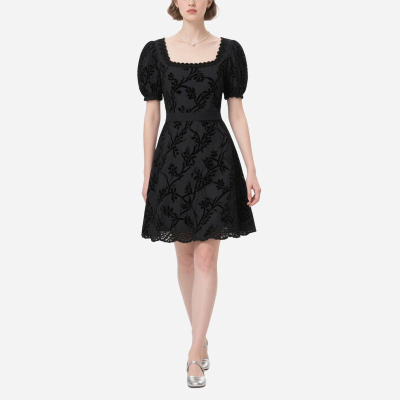 Retro Square Neck Puff Sleeve Jacquard Dress for Women