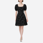 Retro Square Neck Puff Sleeve Jacquard Dress for Women