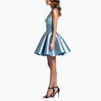 Fashionable and Elegant Blue Square Neck Satin Puffy Dress for Women