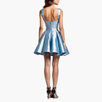 Fashionable and Elegant Blue Square Neck Satin Puffy Dress for Women