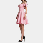 Sweet Pink Off-Shoulder Bow Dress for Women Slim Puffy Short Skirt