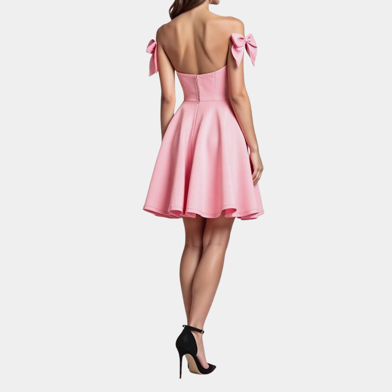 Sweet Pink Off-Shoulder Bow Dress for Women Slim Puffy Short Skirt