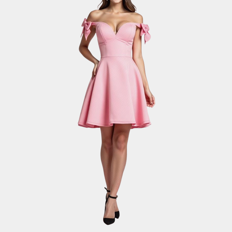 Sweet Pink Off-Shoulder Bow Dress for Women Slim Puffy Short Skirt