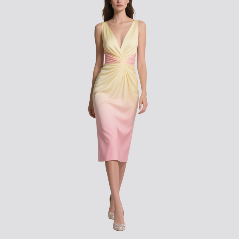 Elegant Gradient V-Neck Slim Dress for Women Temperament Dress Skirt