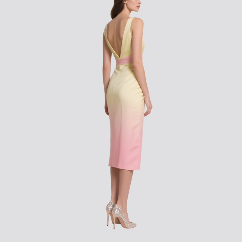 Elegant Gradient V-Neck Slim Dress for Women Temperament Dress Skirt