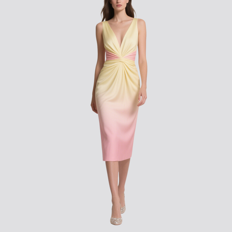Elegant Gradient V-Neck Slim Dress for Women Temperament Dress Skirt