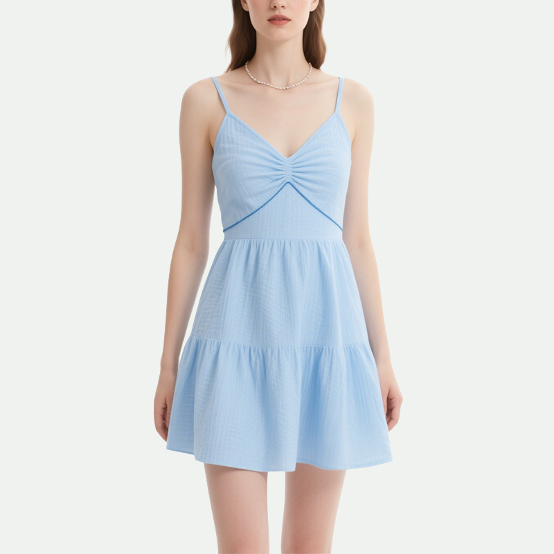 Light Blue Suspender Pleated Dress for Women Summer Light Puffy Short Skirt