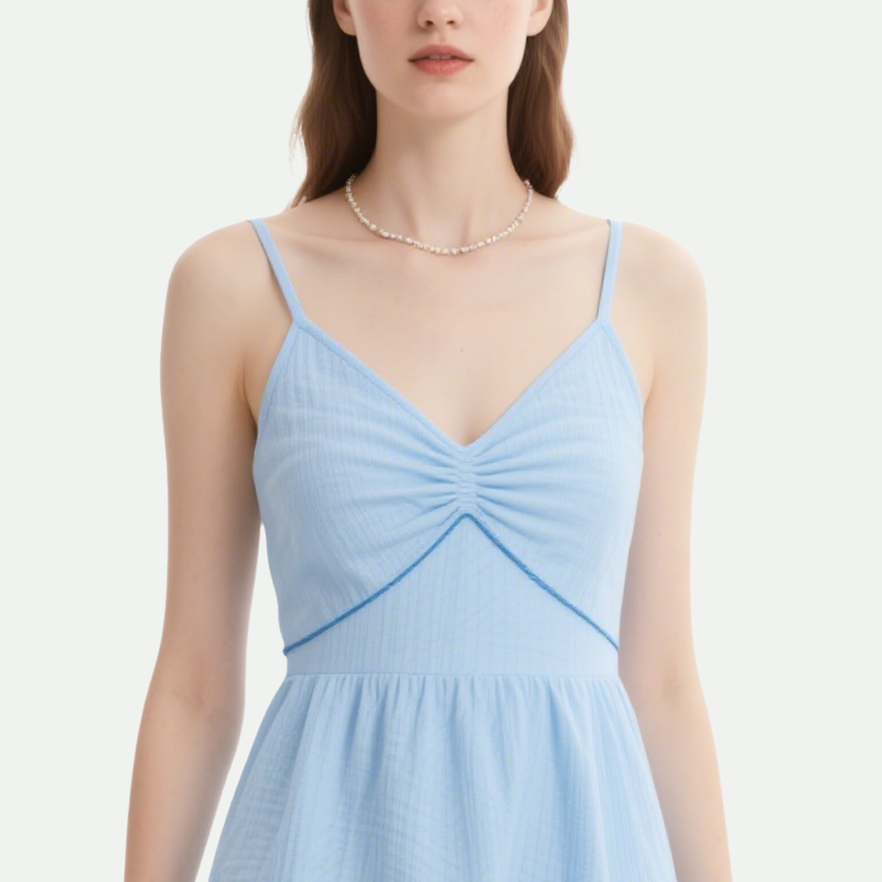 Light Blue Suspender Pleated Dress for Women Summer Light Puffy Short Skirt