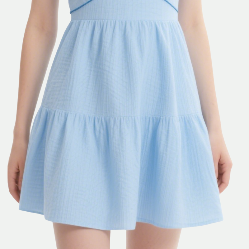Light Blue Suspender Pleated Dress for Women Summer Light Puffy Short Skirt