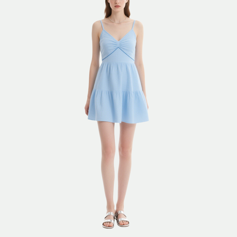 Light Blue Suspender Pleated Dress for Women Summer Light Puffy Short Skirt