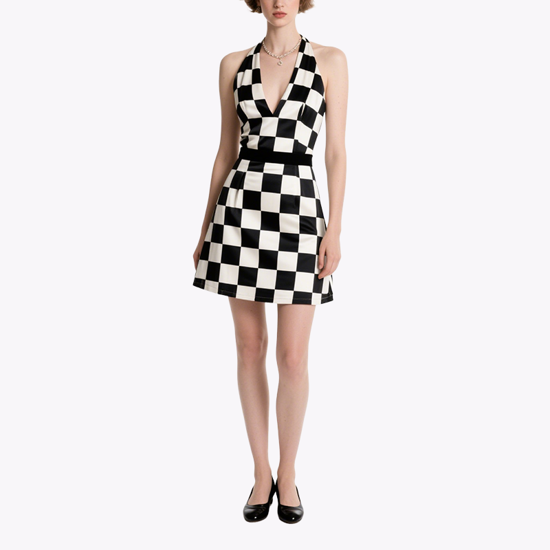 Retro Black and White Checkered Halter Neck V-Neck Dress for Women Slim Slim Puffy Short Skirt