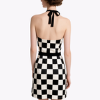 Retro Black and White Checkered Halter Neck V-Neck Dress for Women Slim Slim Puffy Short Skirt