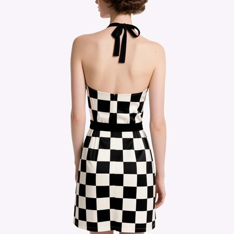 Retro Black and White Checkered Halter Neck V-Neck Dress for Women Slim Slim Puffy Short Skirt