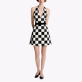 Retro Black and White Checkered Halter Neck V-Neck Dress for Women Slim Slim Puffy Short Skirt