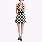 Retro Black and White Checkered Halter Neck V-Neck Dress for Women Slim Slim Puffy Short Skirt
