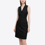 Classic Black Sleeveless V-Neck Slim Suit Dress for Women