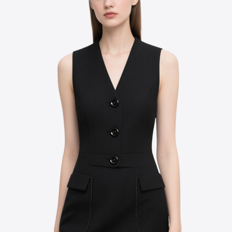 Classic Black Sleeveless V-Neck Slim Suit Dress for Women