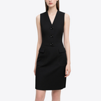 Classic Black Sleeveless V-Neck Slim Suit Dress for Women