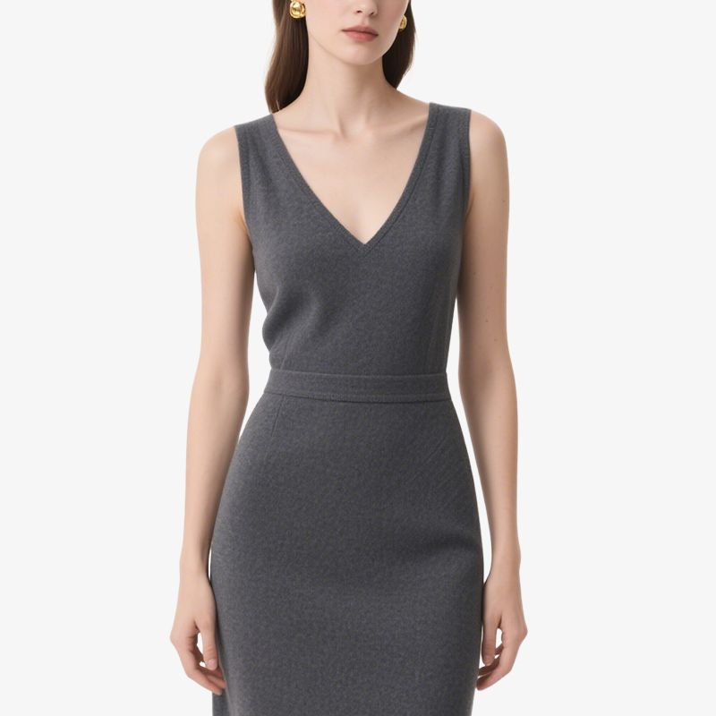 Elegant Temperament Grey V-Neck Knitted Slim Dress for Women