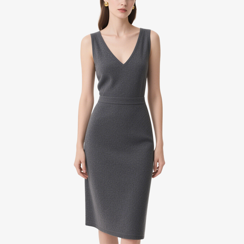 Elegant Temperament Grey V-Neck Knitted Slim Dress for Women