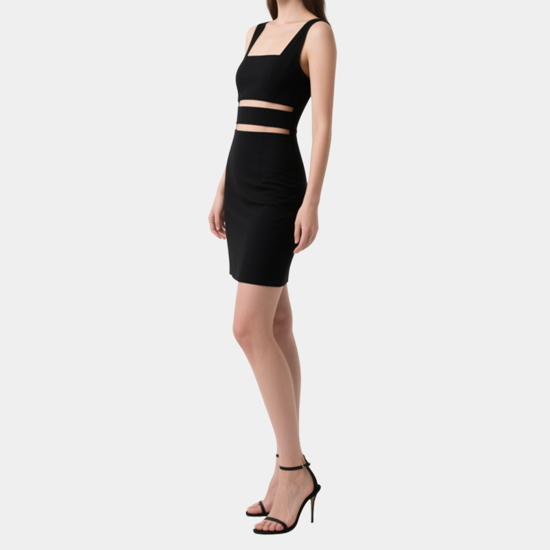 Fashionable Sexy Black Square-Neck Hollow Slim Short Skirt for Women