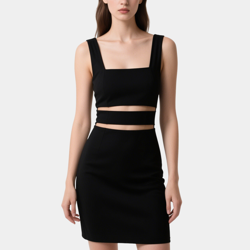 Fashionable Sexy Black Square-Neck Hollow Slim Short Skirt for Women