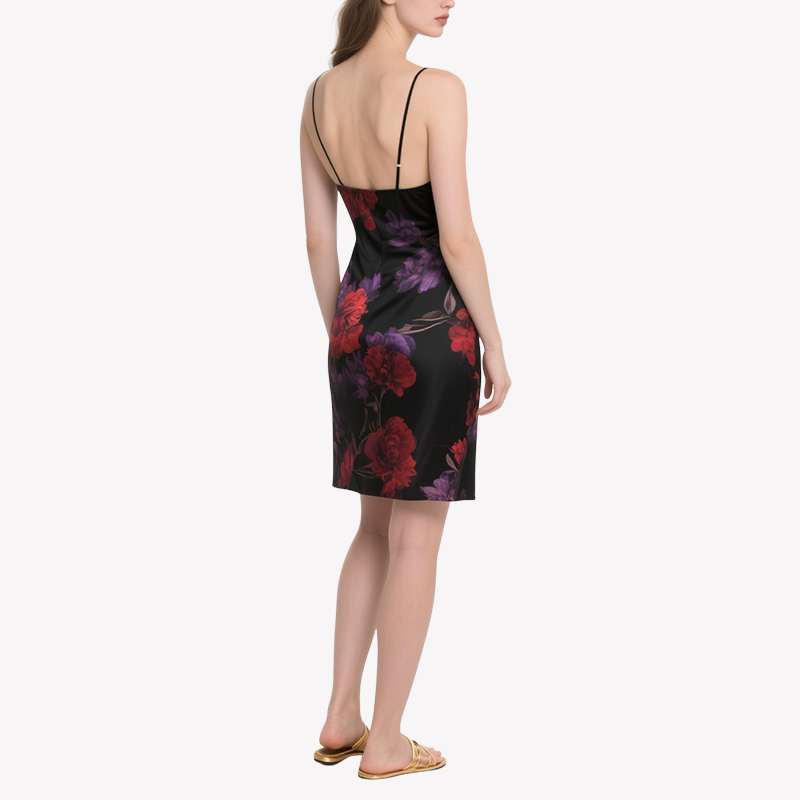 Retro Elegant Black Floral Print Suspender Dress for Women