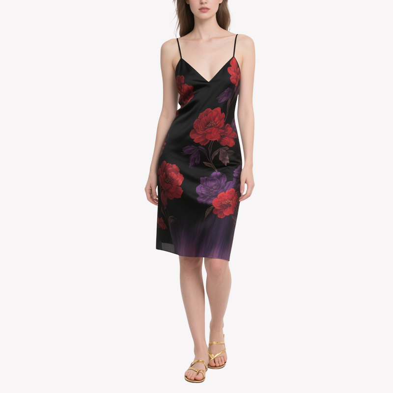 Retro Elegant Black Floral Print Suspender Dress for Women