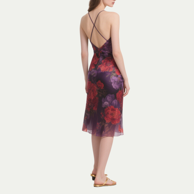Romantic Elegant Purple Floral Print Suspender Dress