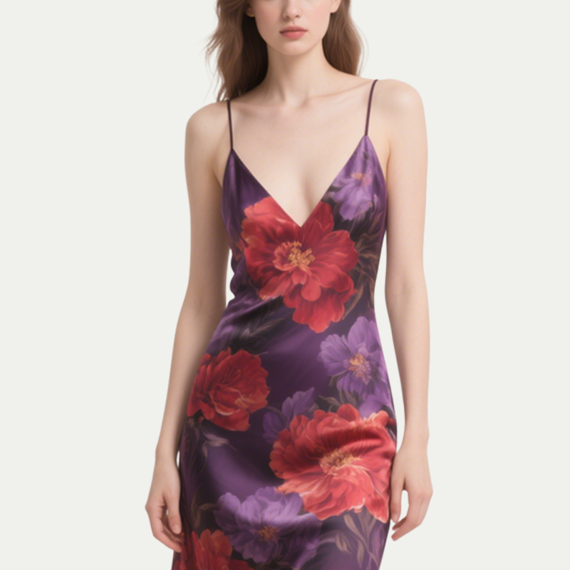 Romantic Elegant Purple Floral Print Suspender Dress