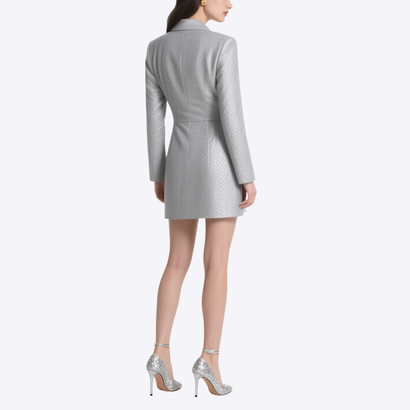 Fashionable Silver Grey Suit Collar Slim Dress Temperament Short Skirt