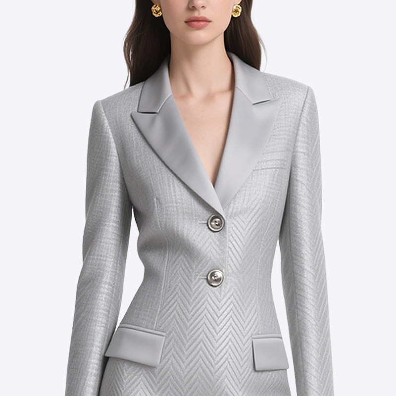 Fashionable Silver Grey Suit Collar Slim Dress Temperament Short Skirt