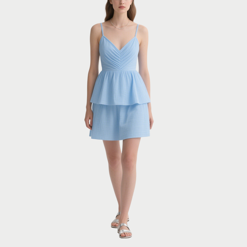 Light Blue Suspender V-Neck Ruffle Dress for Women Summer Short Skirt