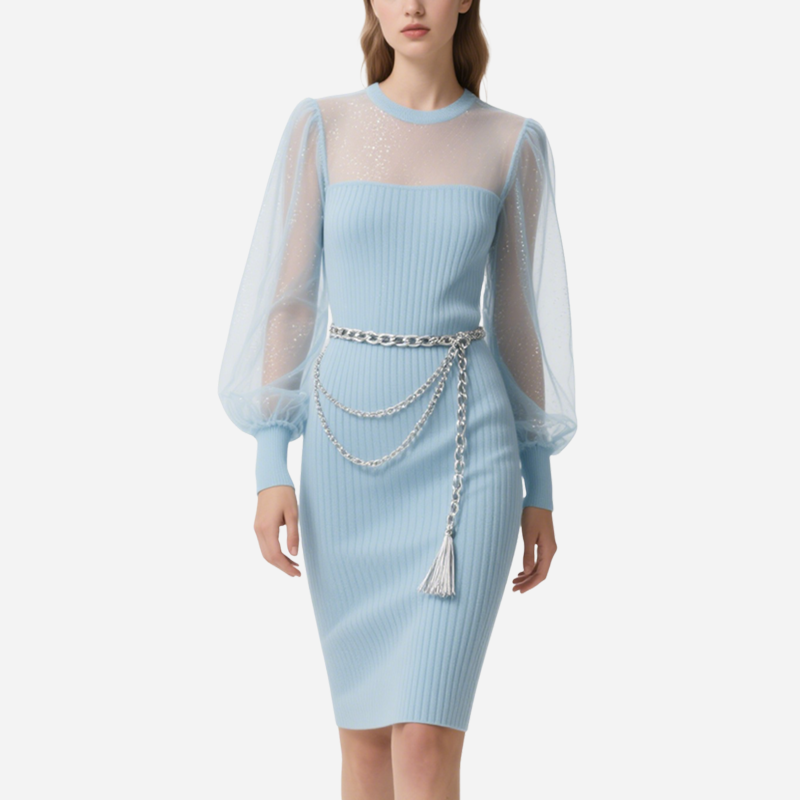 Light Blue Knitted Mesh Splicing Dress Chain Decoration Slim Short Skirt