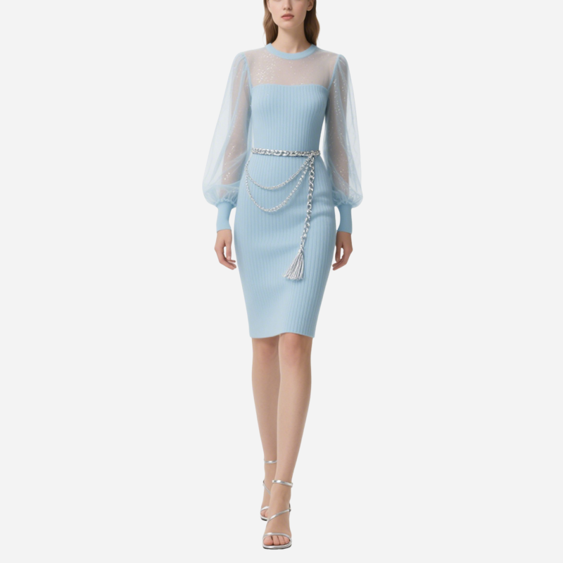 Light Blue Knitted Mesh Splicing Dress Chain Decoration Slim Short Skirt