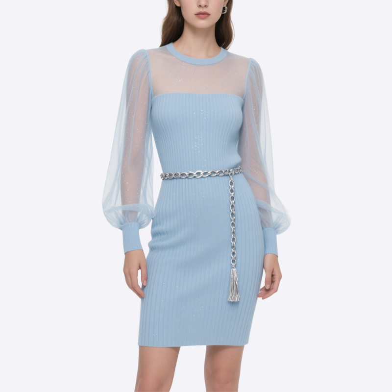 Women's Short Skirt Gentle Style Light Blue Knitted Mesh Splicing Dress