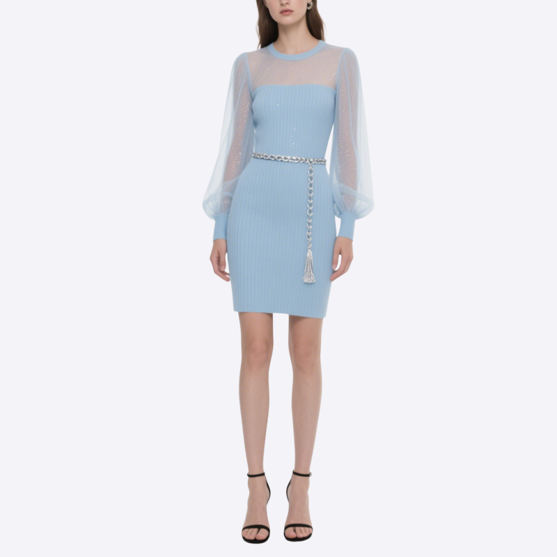 Women's Short Skirt Gentle Style Light Blue Knitted Mesh Splicing Dress