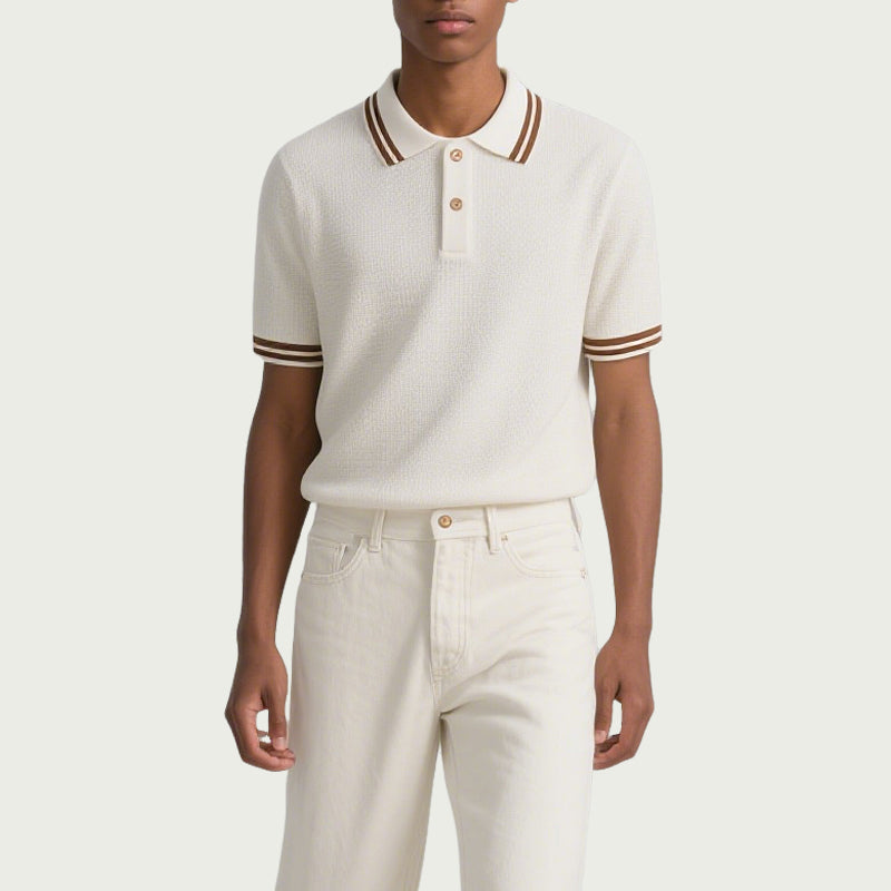 Short Sleeves Button Contrast Stripes Men Knit Polo Shirt