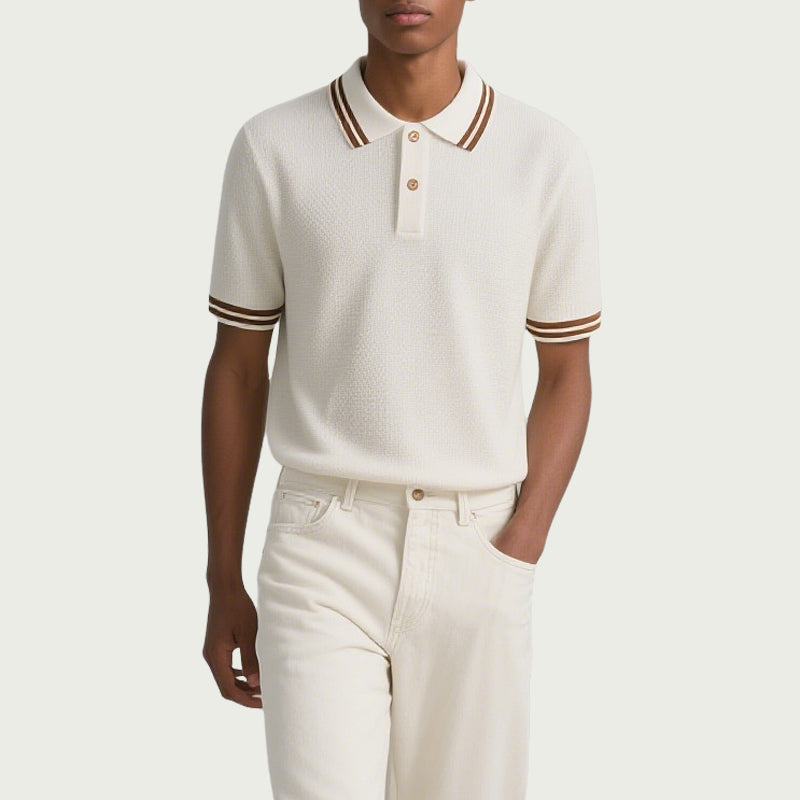 Short Sleeves Button Contrast Stripes Men Knit Polo Shirt