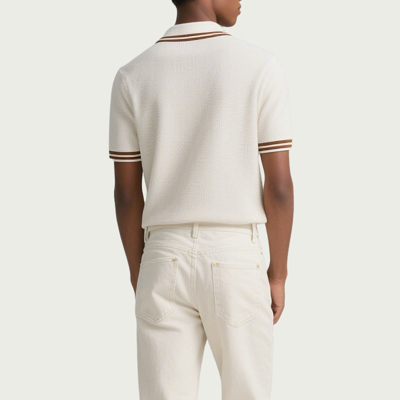Short Sleeves Button Contrast Stripes Men Knit Polo Shirt