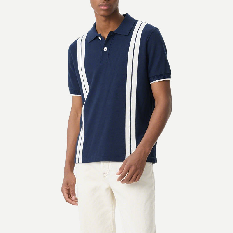 Mens Summer Casual Stripe Shirts Breathable Short Sleeve Polo Shirt