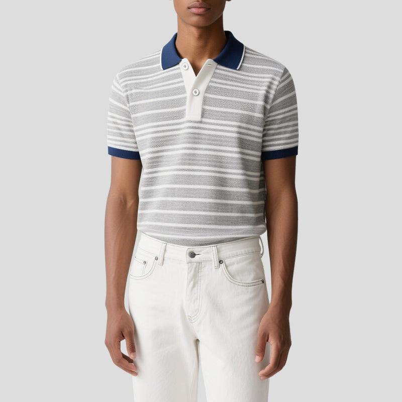 Men Textured Striped Short Sleeve Golf Button Neck Knit Polo Sweater