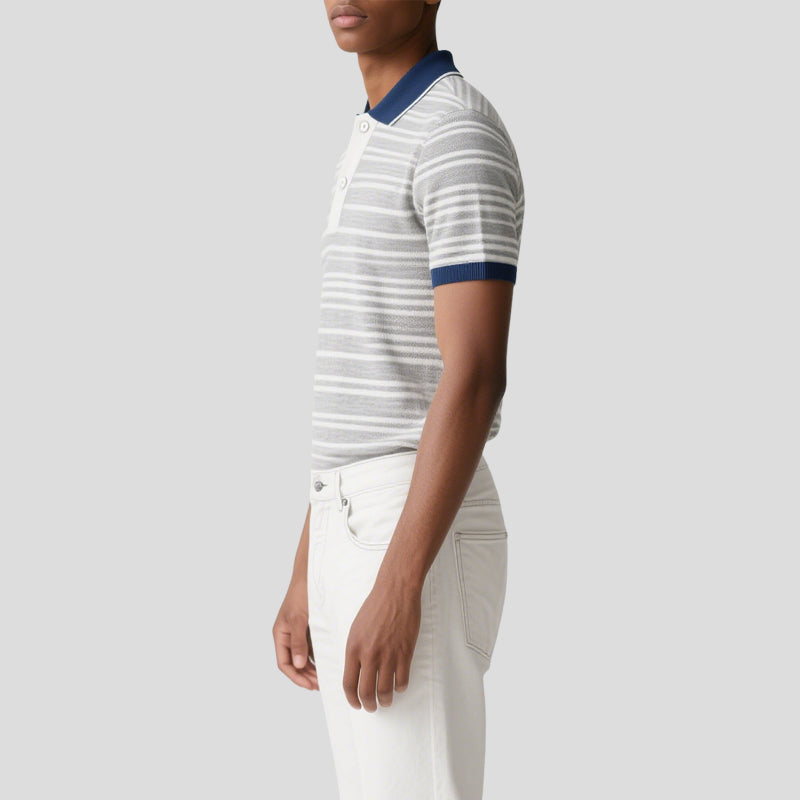 Men Textured Striped Short Sleeve Golf Button Neck Knit Polo Sweater