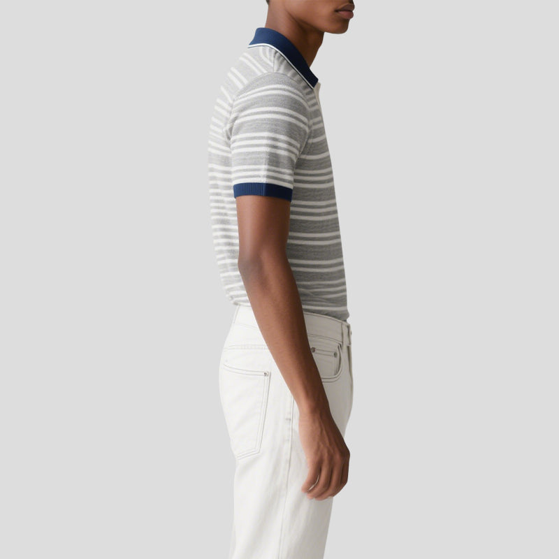 Men Textured Striped Short Sleeve Golf Button Neck Knit Polo Sweater
