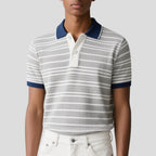 Men Textured Striped Short Sleeve Golf Button Neck Knit Polo Sweater
