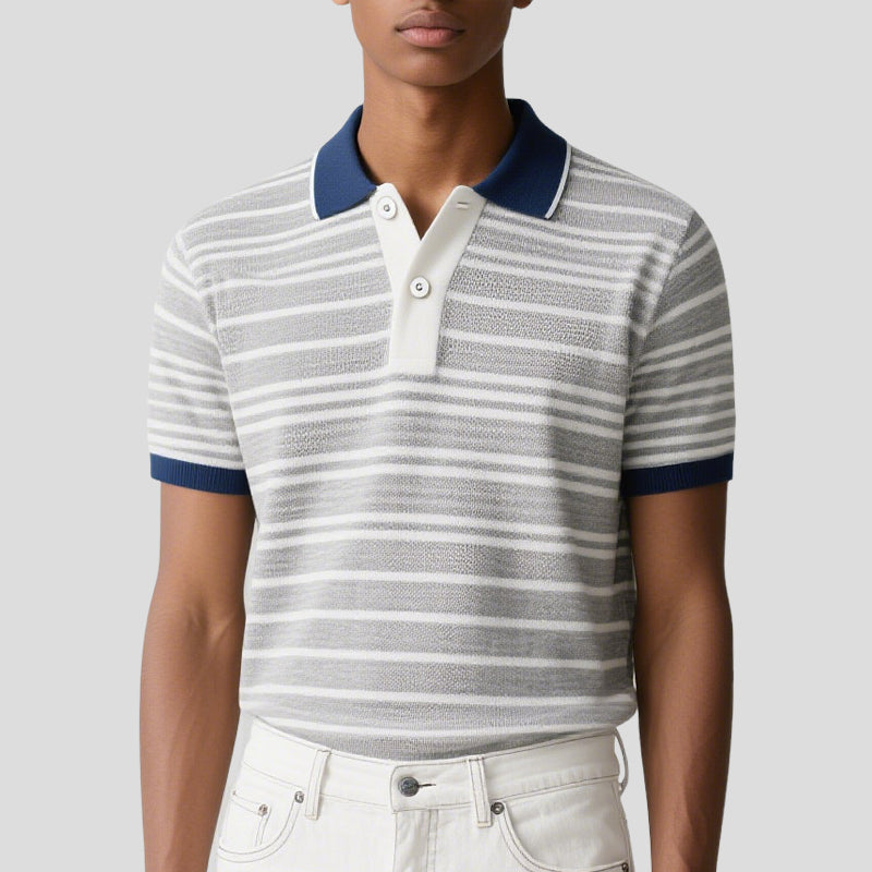 Men Textured Striped Short Sleeve Golf Button Neck Knit Polo Sweater