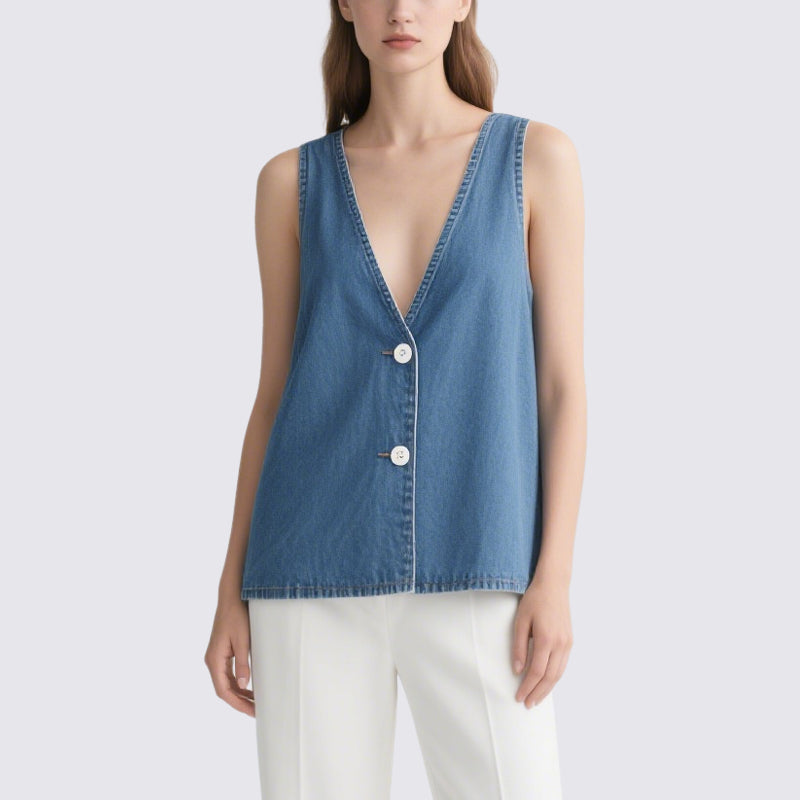 Simple and Casual Blue Denim V-Neck Sleeveless Top
