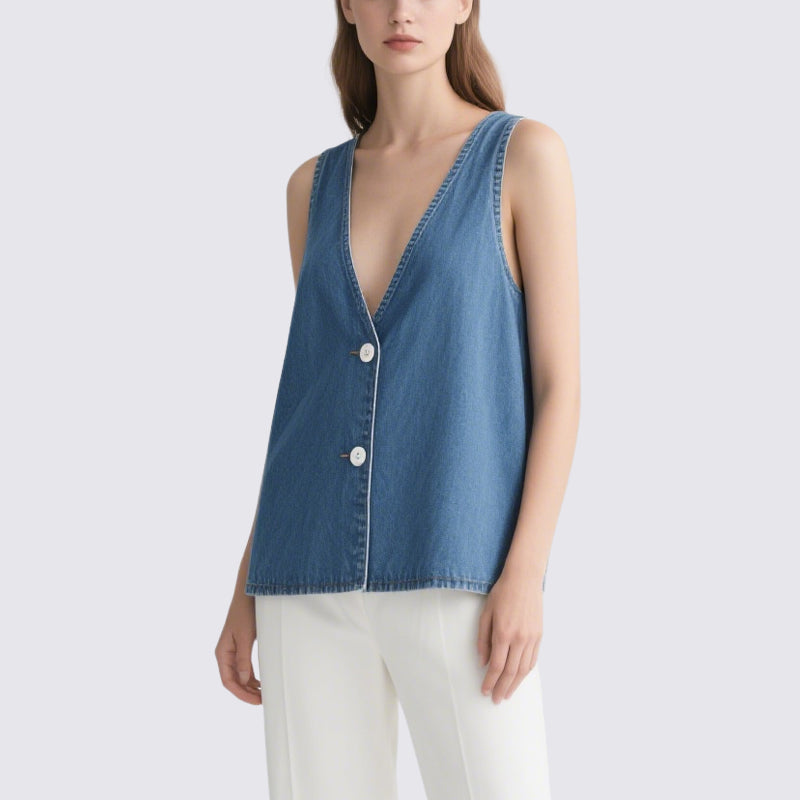 Simple and Casual Blue Denim V-Neck Sleeveless Top
