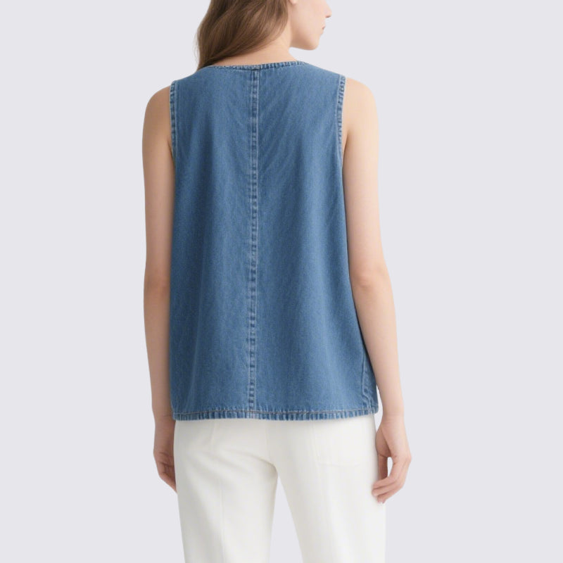 Simple and Casual Blue Denim V-Neck Sleeveless Top