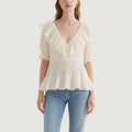 Sweet and Romantic Off-White Ruffled V-Neck Short-Sleeved Top